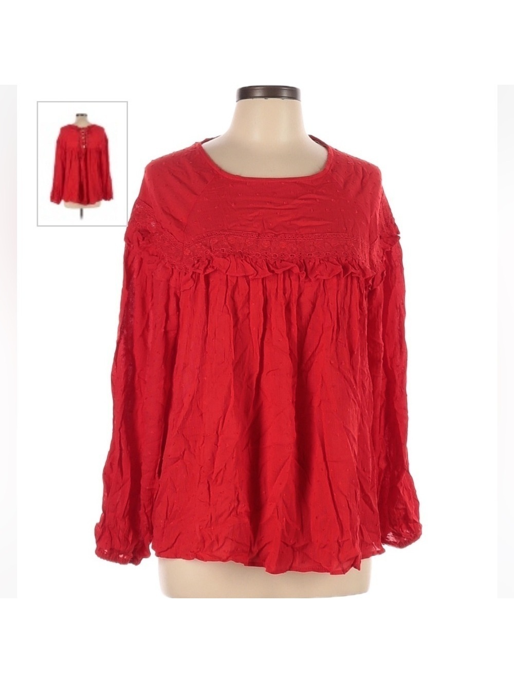 Vine & Love Red Swiss Dot Lacy Up Back Long Sleeve Babydoll Boho Top Large NEW